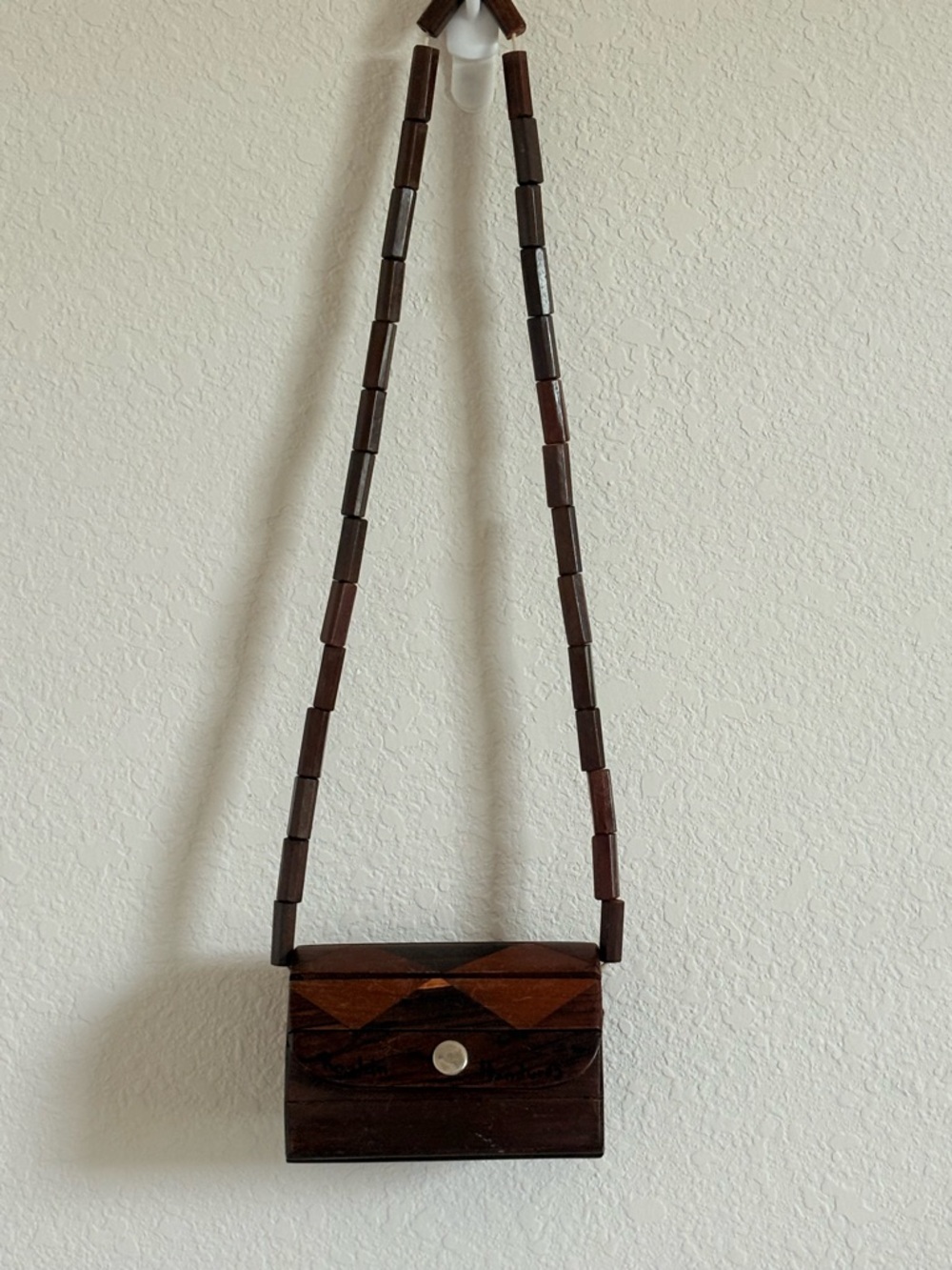 Vintage Roatan Honduras Handcrafted Wood Box Purse Parquet Beaded Handle